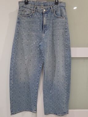 Zara TRF Mid-Rise Rhinestone Embellished Wide-Leg Jeans Size 8/40 New